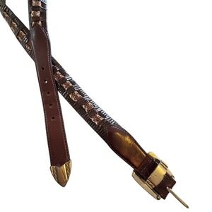 The Territory Ahead Woven‎ Leather Belt Brass Buckle Gold Tip Women Size 36